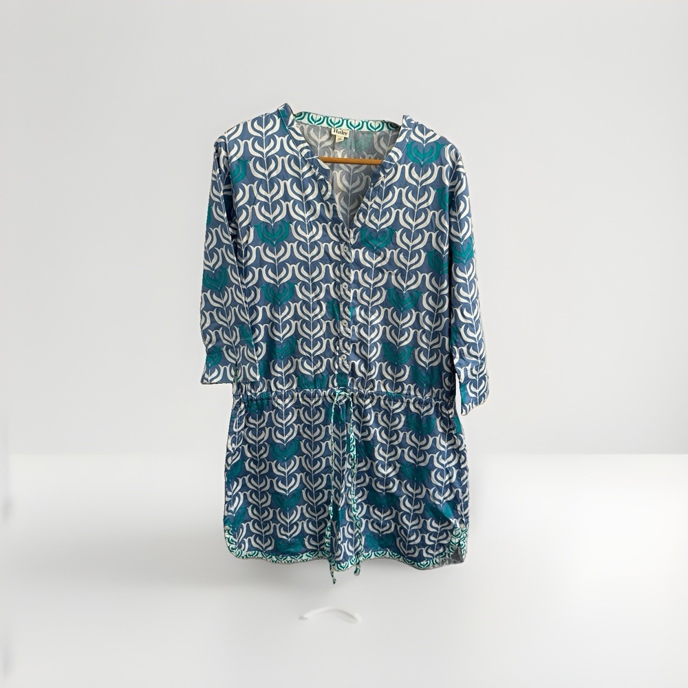 Hatley Dress Blue Geometric Print 100% Cotton Vacation Size L 3/4 Sleeve Blue